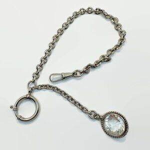 Watch Chain, Watch Fob, Clear Glass Art Deco, Dog Clip, Spring Clip, Silver Tone